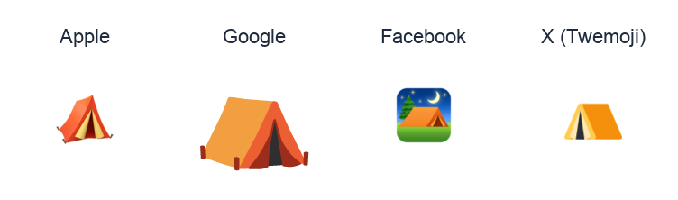 Tent emoji artwork compared side by side for Apple, Google Noto, Facebook, and X Twemoji styles on white.