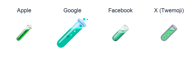 Test Tube emoji artwork compared side by side for Apple, Google Noto, Facebook, and X Twemoji styles on white.