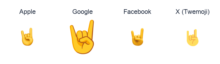 Sign Of The Horns emoji artwork compared side by side for Apple, Google Noto, Facebook, and X Twemoji styles on white.