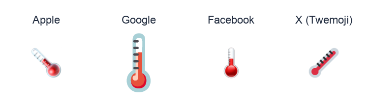 Thermometer emoji artwork compared side by side for Apple, Google Noto, Facebook, and X Twemoji styles on white.