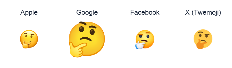 Thinking Face emoji artwork compared side by side for Apple, Google Noto, Facebook, and X Twemoji styles on white.