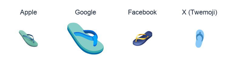 Thong Sandal emoji artwork compared side by side for Apple, Google Noto, Facebook, and X Twemoji styles on white.