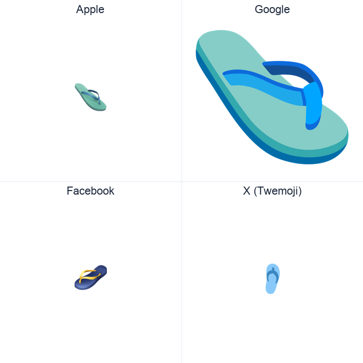 Thong Sandal emoji in a square grid: Apple and Google on the top row, Facebook and X Twemoji on the bottom, on white.