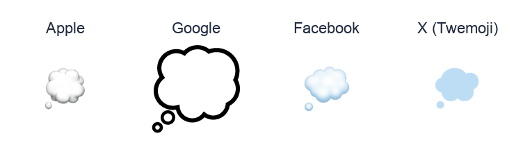 Thought Balloon emoji artwork compared side by side for Apple, Google Noto, Facebook, and X Twemoji styles on white.