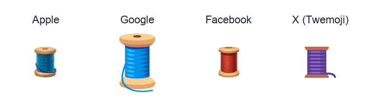 Spool Of Thread emoji artwork compared side by side for Apple, Google Noto, Facebook, and X Twemoji styles on white.