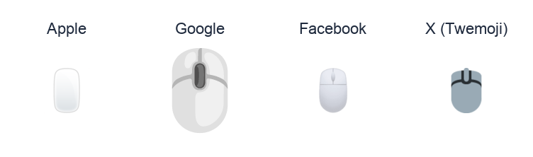 Computer Mouse emoji artwork compared side by side for Apple, Google Noto, Facebook, and X Twemoji styles on white.