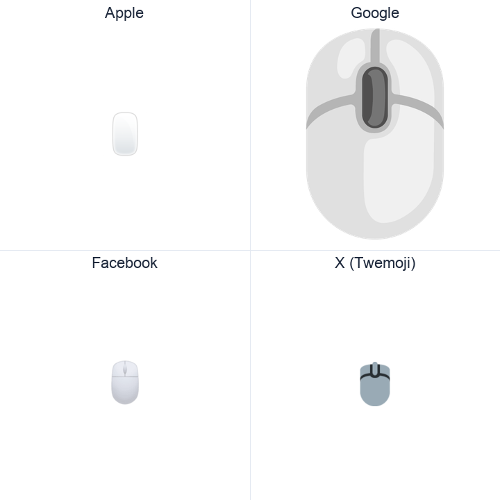Computer Mouse emoji in a square grid: Apple and Google on the top row, Facebook and X Twemoji on the bottom, on white.