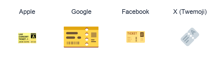 Ticket emoji artwork compared side by side for Apple, Google Noto, Facebook, and X Twemoji styles on white.