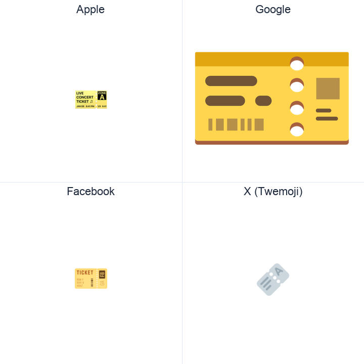 Ticket emoji in a square grid: Apple and Google on the top row, Facebook and X Twemoji on the bottom, on white.