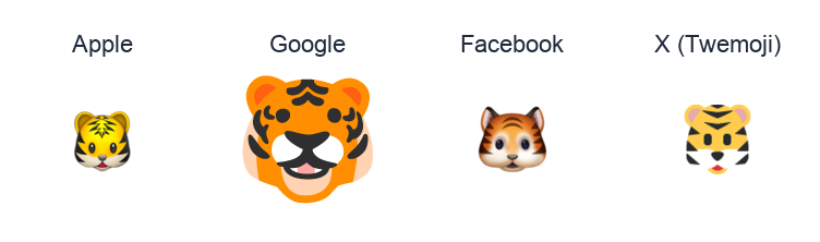Tiger Face emoji artwork compared side by side for Apple, Google Noto, Facebook, and X Twemoji styles on white.