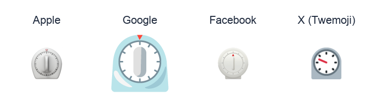 Timer Clock emoji artwork compared side by side for Apple, Google Noto, Facebook, and X Twemoji styles on white.