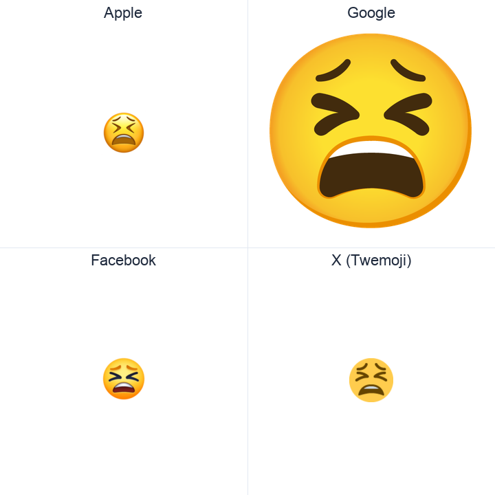 Tired Face emoji in a square grid: Apple and Google on the top row, Facebook and X Twemoji on the bottom, on white.