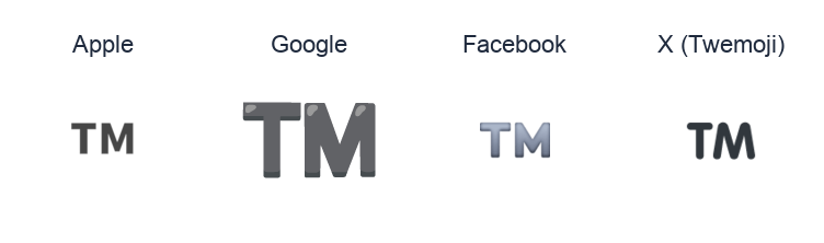 Trade Mark Sign emoji artwork compared side by side for Apple, Google Noto, Facebook, and X Twemoji styles on white.