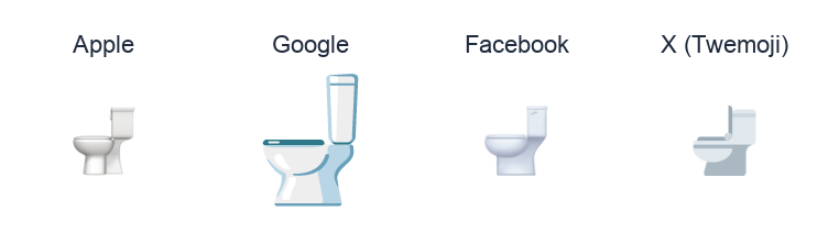 Toilet emoji artwork compared side by side for Apple, Google Noto, Facebook, and X Twemoji styles on white.