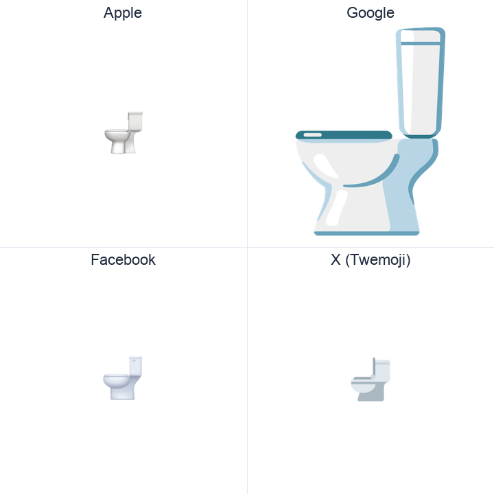 Toilet emoji in a square grid: Apple and Google on the top row, Facebook and X Twemoji on the bottom, on white.