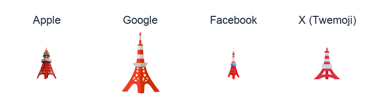 Tokyo Tower emoji artwork compared side by side for Apple, Google Noto, Facebook, and X Twemoji styles on white.