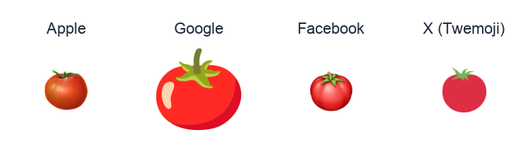 Tomato emoji artwork compared side by side for Apple, Google Noto, Facebook, and X Twemoji styles on white.
