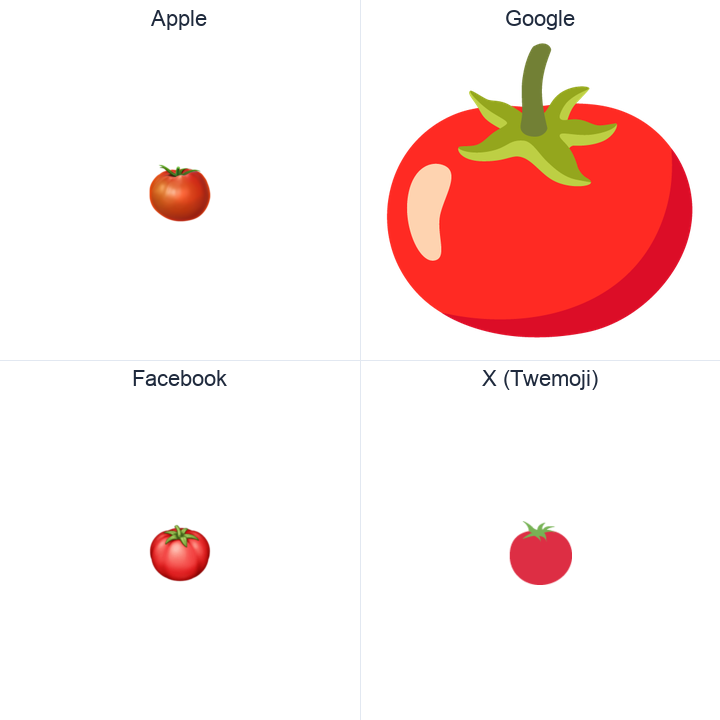 Tomato emoji in a square grid: Apple and Google on the top row, Facebook and X Twemoji on the bottom, on white.