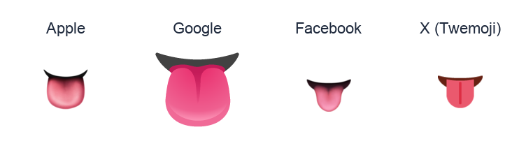 Tongue emoji artwork compared side by side for Apple, Google Noto, Facebook, and X Twemoji styles on white.