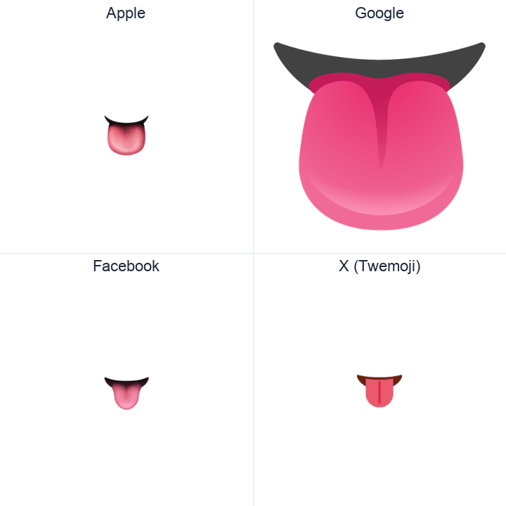 Tongue emoji in a square grid: Apple and Google on the top row, Facebook and X Twemoji on the bottom, on white.