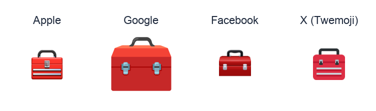 Toolbox emoji artwork compared side by side for Apple, Google Noto, Facebook, and X Twemoji styles on white.