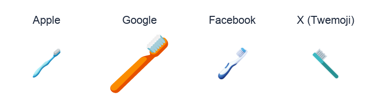 Toothbrush emoji artwork compared side by side for Apple, Google Noto, Facebook, and X Twemoji styles on white.
