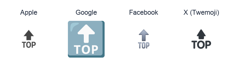 Top With Upwards Arrow Above emoji artwork compared side by side for Apple, Google Noto, Facebook, and X Twemoji styles on white.