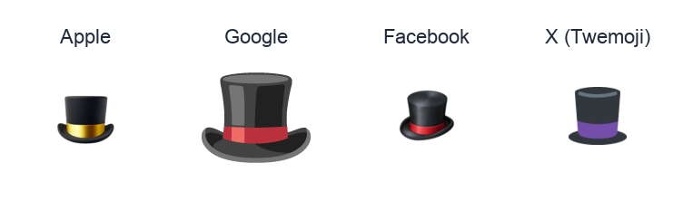Top Hat emoji artwork compared side by side for Apple, Google Noto, Facebook, and X Twemoji styles on white.