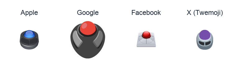 Trackball emoji artwork compared side by side for Apple, Google Noto, Facebook, and X Twemoji styles on white.