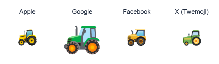 Tractor emoji artwork compared side by side for Apple, Google Noto, Facebook, and X Twemoji styles on white.