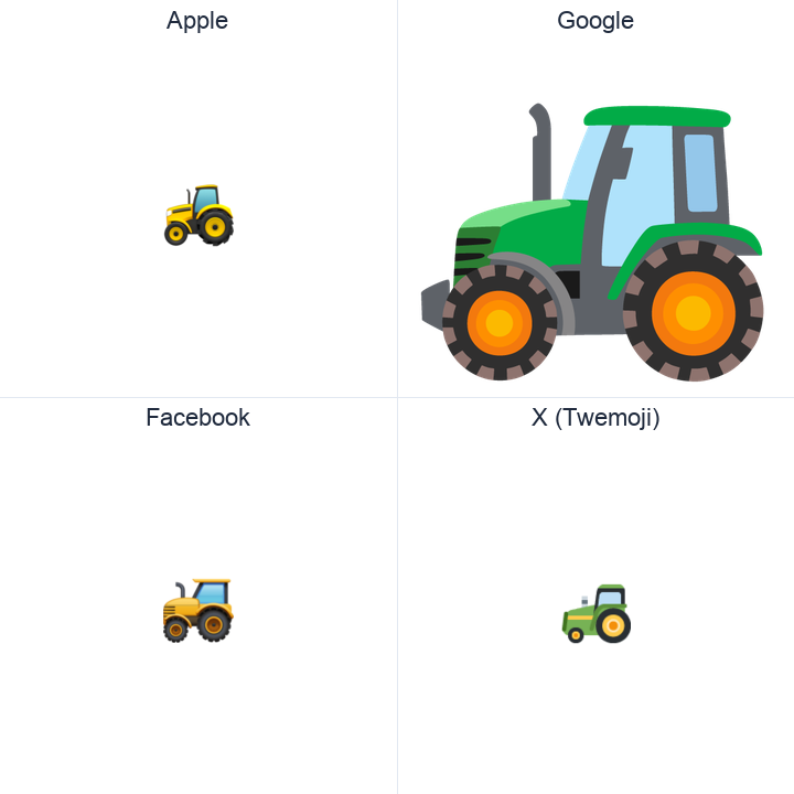 Tractor emoji in a square grid: Apple and Google on the top row, Facebook and X Twemoji on the bottom, on white.