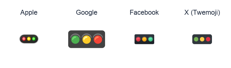 Horizontal Traffic Light emoji artwork compared side by side for Apple, Google Noto, Facebook, and X Twemoji styles on white.
