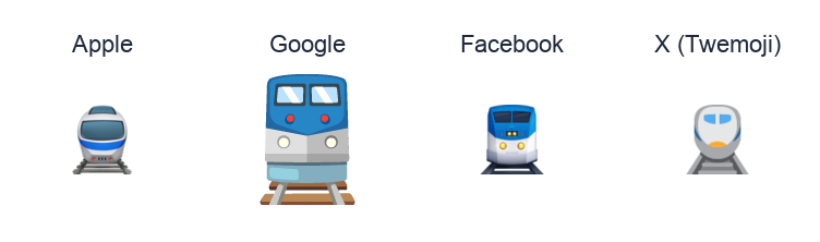 Train emoji artwork compared side by side for Apple, Google Noto, Facebook, and X Twemoji styles on white.
