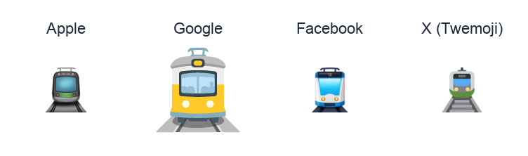 Tram emoji artwork compared side by side for Apple, Google Noto, Facebook, and X Twemoji styles on white.