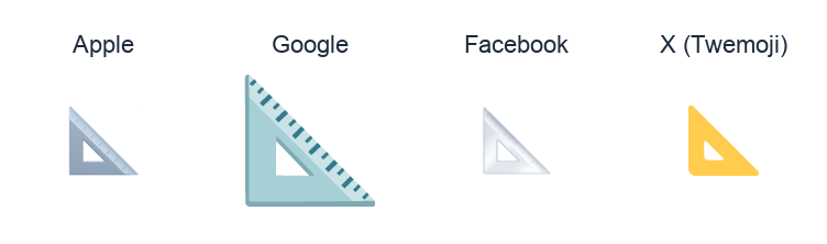 Triangular Ruler emoji artwork compared side by side for Apple, Google Noto, Facebook, and X Twemoji styles on white.