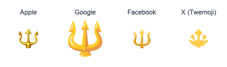 Trident Emblem emoji artwork compared side by side for Apple, Google Noto, Facebook, and X Twemoji styles on white.
