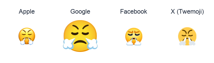 Face With Look Of Triumph emoji artwork compared side by side for Apple, Google Noto, Facebook, and X Twemoji styles on white.