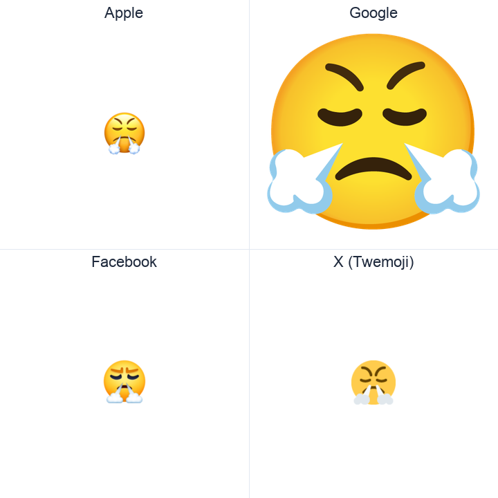 Face With Look Of Triumph emoji in a square grid: Apple and Google on the top row, Facebook and X Twemoji on the bottom, on white.