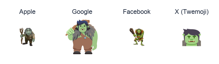 Troll emoji artwork compared side by side for Apple, Google Noto, Facebook, and X Twemoji styles on white.