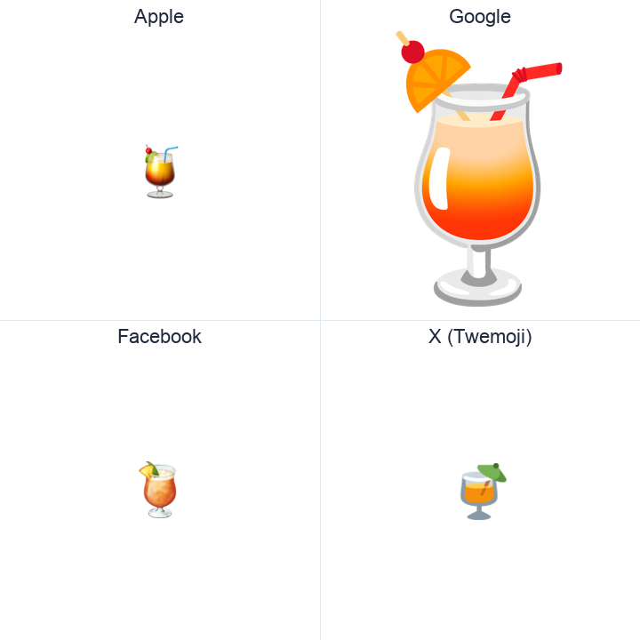Tropical Drink emoji in a square grid: Apple and Google on the top row, Facebook and X Twemoji on the bottom, on white.