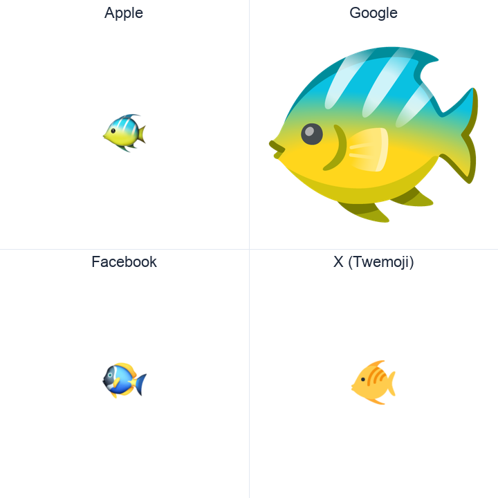 Tropical Fish emoji in a square grid: Apple and Google on the top row, Facebook and X Twemoji on the bottom, on white.
