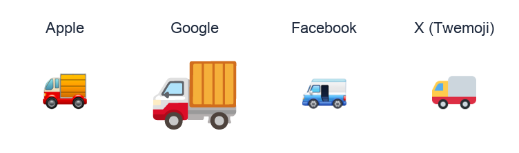 Delivery Truck emoji artwork compared side by side for Apple, Google Noto, Facebook, and X Twemoji styles on white.