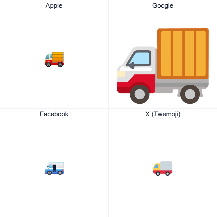 Delivery Truck emoji in a square grid: Apple and Google on the top row, Facebook and X Twemoji on the bottom, on white.