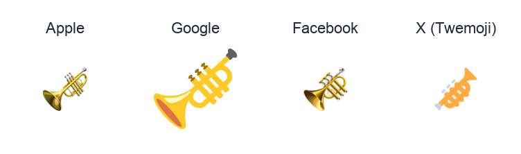 Trumpet emoji artwork compared side by side for Apple, Google Noto, Facebook, and X Twemoji styles on white.