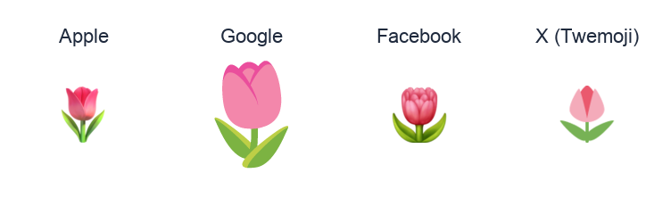 Tulip emoji artwork compared side by side for Apple, Google Noto, Facebook, and X Twemoji styles on white.