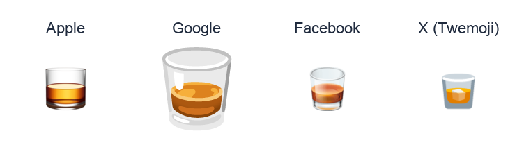 Tumbler Glass emoji artwork compared side by side for Apple, Google Noto, Facebook, and X Twemoji styles on white.