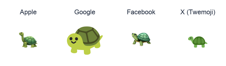 Turtle emoji artwork compared side by side for Apple, Google Noto, Facebook, and X Twemoji styles on white.