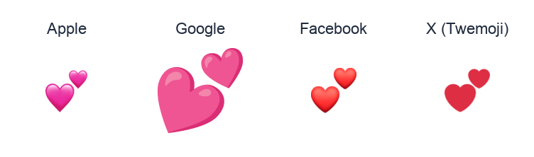 Two Hearts emoji artwork compared side by side for Apple, Google Noto, Facebook, and X Twemoji styles on white.