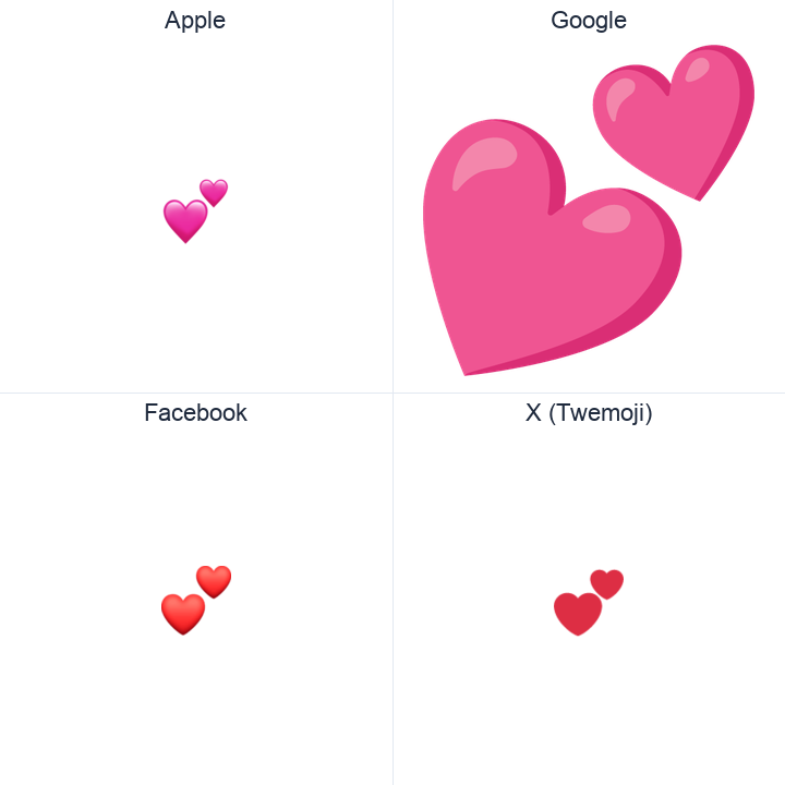 Two Hearts emoji in a square grid: Apple and Google on the top row, Facebook and X Twemoji on the bottom, on white.
