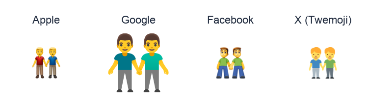 Two Men Holding Hands emoji artwork compared side by side for Apple, Google Noto, Facebook, and X Twemoji styles on white.